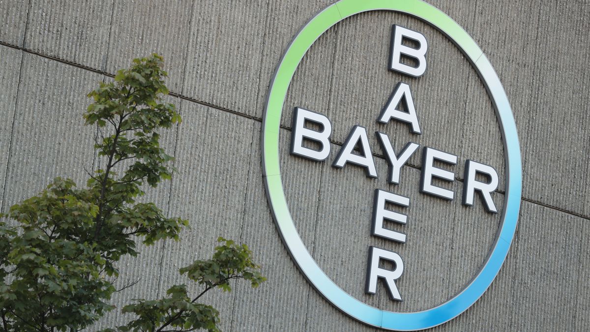 The logo of German pharmaceuticals and chemicals giant Bayer stands over Bayer corporate offices on September 14, 2016 in Berlin, Germany.