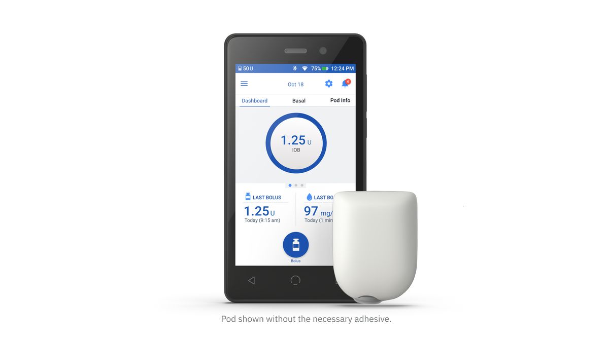 A phone-like device shows a bolus insulin measurement, with a white, U-shaped device to the right.